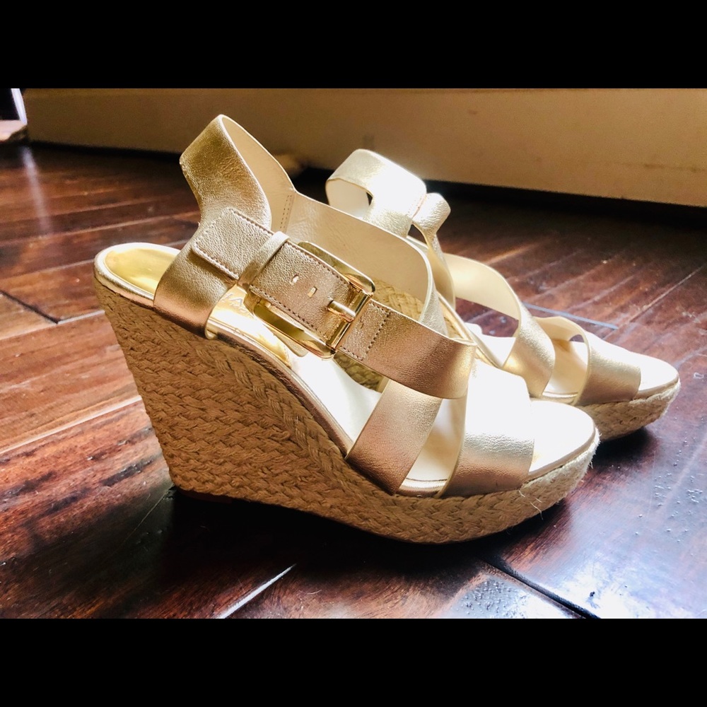 Michael Kors Gold Leather and Woven Wedge
